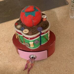 Tomato Pin Cushion with Button Accents and sewing drawer. Hand made